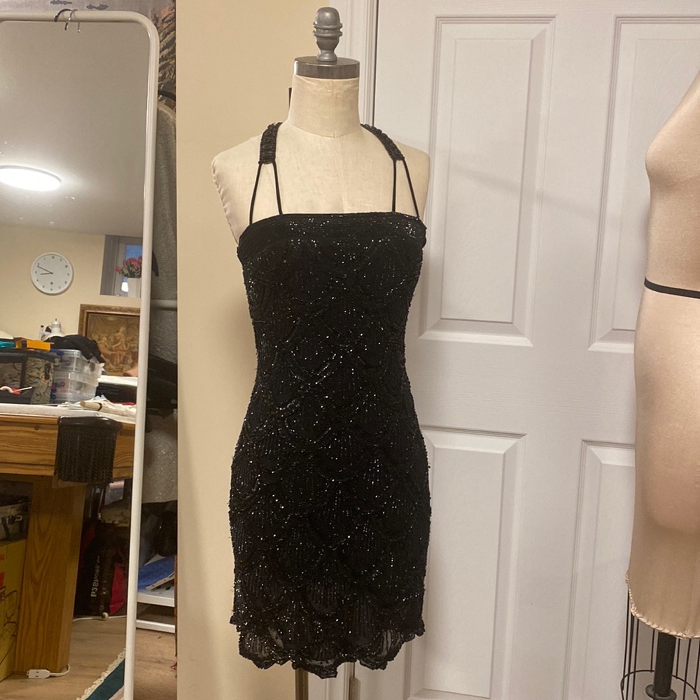Elegant Black Beaded Mini Dress